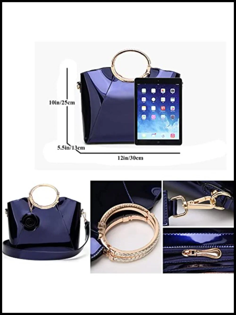 Patent Leather Satchel Tote Handbag with Rose Charm Top Handle